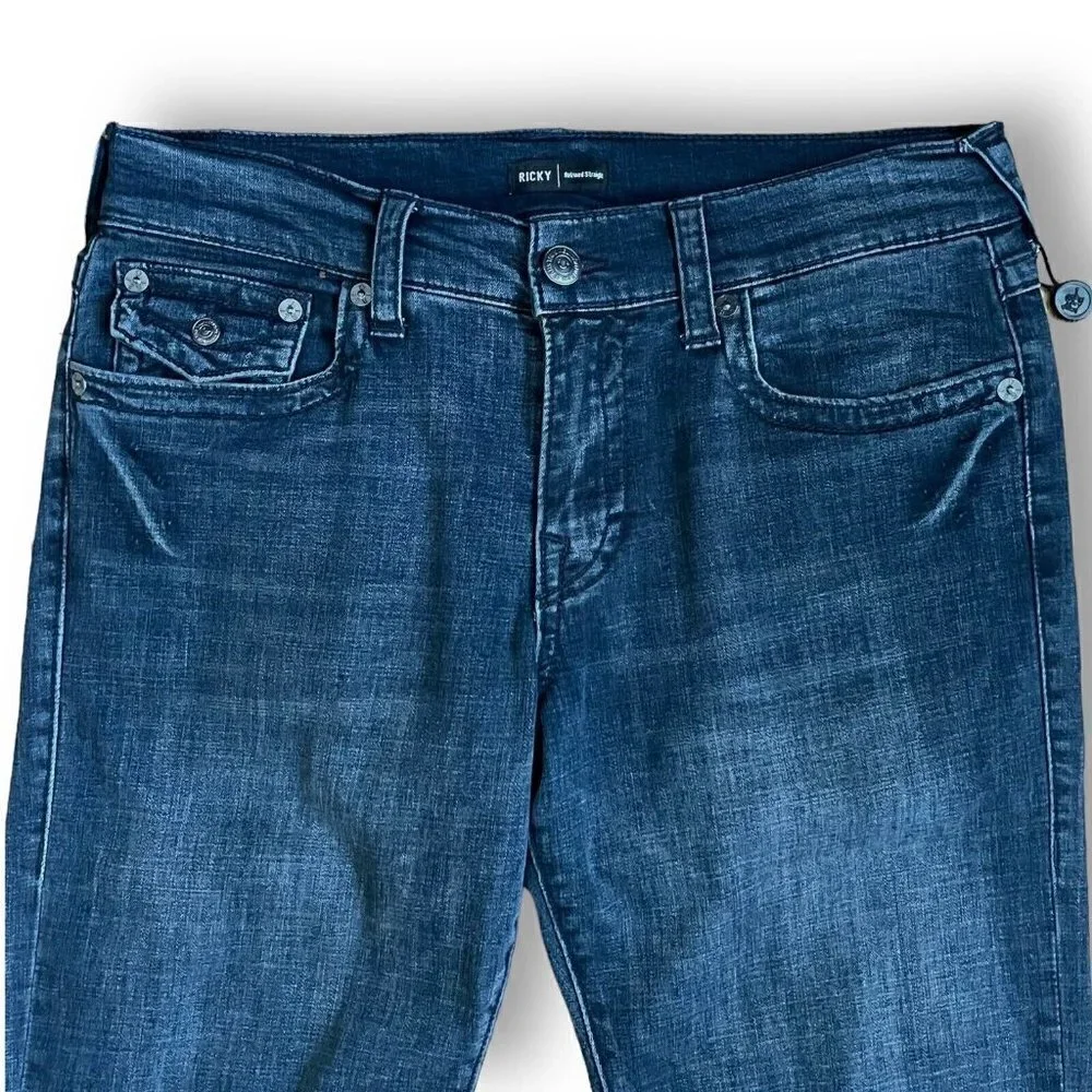True Religion Mens Black Ricky Relaxed Fit Straight Leg Jeans Sz 32 Flap Pocket